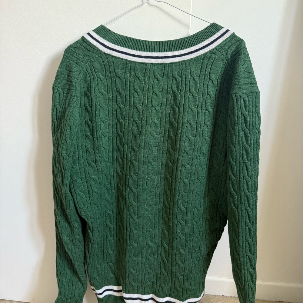 Simons Green Cable Knit V-Neck Sweater with White and Navy Stripe Trim - Picture 3 of 3